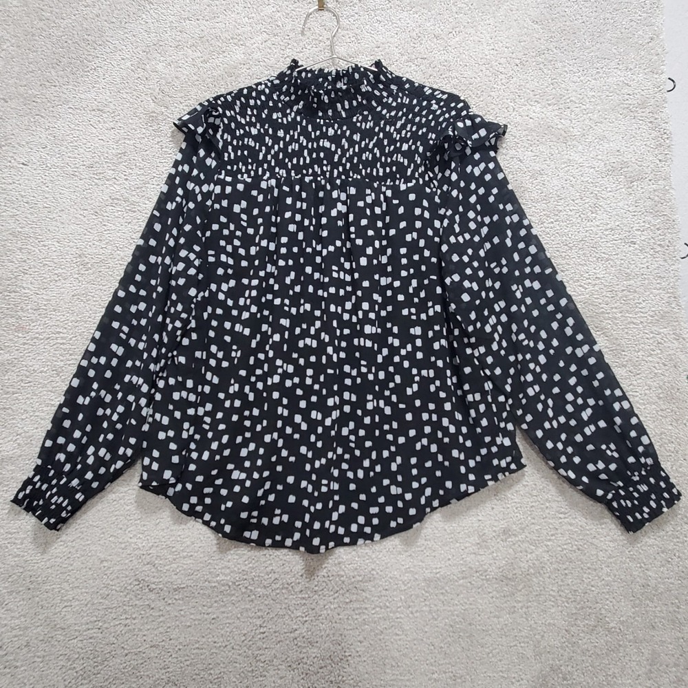Torrid Top Women's 1 Black White Ruffle Mock Neck Sheer Geometric Career Casual